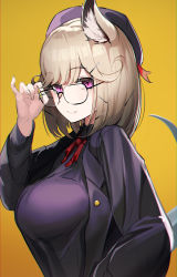 Rule 34 | 1girl, absurdres, adjusting eyewear, animal ear fluff, animal ears, arknights, badge, beret, black coat, black hat, black shirt, blonde hair, breasts, button badge, closed mouth, coat, collared shirt, from side, glasses, hair ornament, hairclip, hat, hat ribbon, highres, hiyaori (hiyahiyaval), large breasts, long sleeves, looking at viewer, medium hair, neck ribbon, official alternate costume, pink eyes, pinky out, puffy sleeves, red ribbon, ribbon, shirt, smile, solo, swept bangs, tail, upper body, utage (arknights), utage (disguise) (arknights), yellow background
