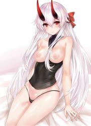 Rule 34 | 1girl, arm support, black panties, blush, bow, breasts, covered navel, ero waifu, fate/grand order, fate (series), hair between eyes, hair bow, horns, large breasts, long hair, looking at viewer, nipples, oni horns, panties, red bow, red eyes, silver hair, sitting, solo, tomoe gozen (fate), underwear, very long hair