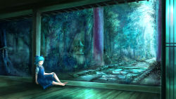 Rule 34 | 1girl, against pillar, barefoot, blue dress, blue hair, bow, cirno, commentary, dress, closed eyes, forest, hair bow, hand on own knee, highres, knee up, nature, nitefaint, outdoors, rope, scenery, shide, shimenawa, short hair, short sleeves, solo, stone lantern, stone walkway, touhou, veranda, wide shot, wooden floor