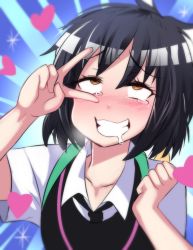 Rule 34 | 1girl, ahegao, bad id, bad twitter id, black hair, blush, brown eyes, drooling, female orgasm, grin, heart, highres, hinghoi, marvel, messy hair, orgasm, peni parker, school uniform, short hair, smile, solo, sparkle, spider-man: into the spider-verse, spider-man (series), spider-verse, tears, upper body, v