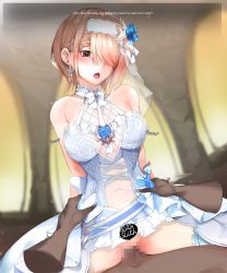 Rule 34 | 1girl, :d, alternate costume, bad id, bad pixiv id, bar censor, blush, breasts, bridal veil, bride, censored, covered navel, dark-skinned male, dark skin, dress, earrings, english text, eyelashes, eyes visible through hair, flower, gimnang, glint, gloves, hair flower, hair ornament, hair over one eye, hetero, highres, honkai (series), honkai impact 3rd, jewelry, large breasts, lips, mole, mole under eye, nose, nude, open mouth, penis, penis to breast, petals, red eyes, rita rossweisse, rita rossweisse (artemis), rita rossweisse (vow of roses), sex, short hair, smile, solo focus, sound effects, sweat, sweatdrop, veil, wedding dress, white dress, white gloves, wrist cuffs