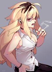 Rule 34 | 1girl, absurdres, ahoge, bare shoulders, big hair, black choker, black pants, blonde hair, bracelet, breasts, choker, cigarette, cleavage, copyright request, ear piercing, from side, grey background, hand on own hip, highres, holding, holding cigarette, jewelry, jitome, large breasts, looking at viewer, looking to the side, nose piercing, open mouth, pants, piercing, red eyes, reiga (act000), sanpaku, simple background, smoke, smoking, solo, twitter username
