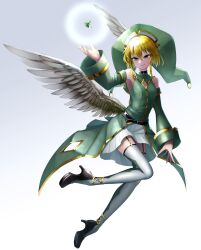Rule 34 | 1boy, absurdres, androgynous, angel wings, aqua eyes, argyle, argyle clothes, argyle legwear, bare shoulders, black footwear, blonde hair, clover, detached sleeves, doro9363, dress, elona, feathered wings, full body, green dress, green hat, green sleeves, hat, high heels, highres, jester cap, kumiromi of harvest, looking at viewer, low wings, medium hair, pleated dress, smile, thighhighs, trap, white thighhighs, white wings, wings