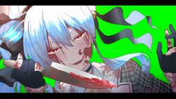 Rule 34 | 1girl, absurdres, ahoge, beret, blood, blood on clothes, blood on face, bloody knife, blue hair, choker, commentary request, gloves, green screen, grey hat, hair ribbon, hat, highres, holding, holding knife, hololive, hoshimachi suisei, hoshimachi suisei (1st costume), knife, letterboxed, licking lips, open mouth, plaid, red eyes, ribbon, side ponytail, smile, solo, tonarikeru, tongue, tongue out, upper body, virtual youtuber