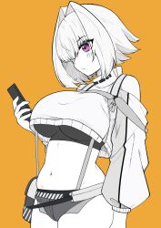 Rule 34 | 1girl, ahoge, blush, breasts, clothing cutout, crop top, cropped sweater, elegg (nikke), exposed pocket, goddess of victory: nikke, greyscale, hair intakes, hair over eyes, holding, large breasts, long bangs, long sleeves, micro shorts, midriff, monochrome, navel, orange background, purple eyes, rimun rimun, short hair, shorts, shoulder cutout, solo, sports bra, spot color, suspender shorts, suspenders, thigh strap