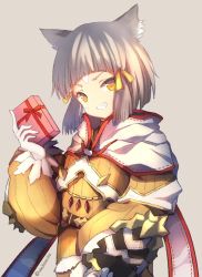 Rule 34 | 1girl, animal ear fluff, animal ears, belt, blunt bangs, blush, bodysuit, breasts, cat ears, chocolate, fangs, gift, gloves, grey background, grey hair, hair ornament, happy, highres, looking at viewer, nia (xenoblade), nintendo, ribbon, scarf, short hair, small breasts, smile, solo, umikamiko, valentine, white gloves, xenoblade chronicles (series), xenoblade chronicles 2, yellow bodysuit, yellow eyes, yellow ribbon
