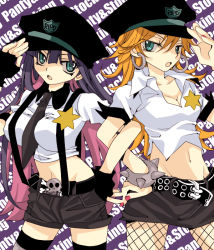 Rule 34 | 10s, 2girls, alternate costume, blonde hair, bracelet, breasts, english text, fishnets, green eyes, hat, jewelry, kaibundou, large breasts, long hair, multicolored hair, multiple girls, nail polish, navel, open clothes, open mouth, open shirt, panty &amp; stocking with garterbelt, panty (psg), pink hair, police, police uniform, purple hair, shirt, shorts, siblings, sisters, skirt, stocking (psg), thighhighs, twintails, uniform, very long hair