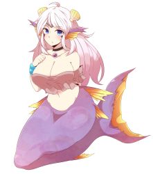 Rule 34 | 1girl, ahoge, bandeau, blue eyes, breasts, cleavage, facial mark, fins, full body, head fins, highres, large breasts, long hair, looking at viewer, mermaid, monster girl, navel, open mouth, oppai 751, original, seashell, shell, solo, strapless, tube top, white background, white hair