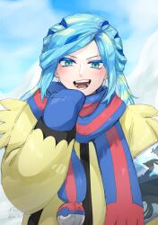 Rule 34 | 1boy, :d, absurdres, blue hair, blue mittens, commentary request, creatures (company), day, game freak, green eyes, grusha (pokemon), hand up, highres, jacket, ka ei volltis, long hair, long sleeves, male focus, mittens, nintendo, open mouth, outdoors, pokemon, pokemon sv, pulling own clothes, scarf, scarf pull, smile, solo, striped clothes, striped scarf, teeth, tongue, upper body, yellow jacket