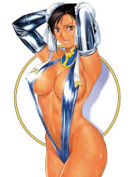 Rule 34 | 1girl, :o, adapted costume, armpits, arms behind head, arms up, black hair, breasts, brown eyes, bun cover, capcom, chun-li, cleavage, covered erect nipples, curvy, double bun, elbow gloves, gloves, grey eyes, hair bun, homare (fool&#039;s art), large breasts, looking at viewer, one-piece swimsuit, open mouth, ribbon, shadow, shiny clothes, sideboob, slingshot swimsuit, solo, standing, street fighter, sweat, swimsuit, tan, turtleneck, wet