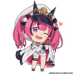 Rule 34 | 1girl, anchor symbol, animal on arm, belt, bird, bird on arm, black gloves, black ribbon, chibi, coat, coat on shoulders, commentary, earrings, epaulettes, fang, full body, gloves, goddess of victory: nikke, hair ornament, hair ribbon, hairclip, hat, hat ornament, heart, heart in eye, highres, jewelry, long hair, long sleeves, looking at viewer, mast (nikke), multicolored hair, official art, one eye closed, open mouth, peaked cap, pink hair, pouch, purple eyes, raised eyebrows, ribbon, short shorts, shorts, skin fang, standing, streaked hair, symbol in eye, thigh pouch, thigh strap, totatokeke, twintails, white belt, white coat, white headwear