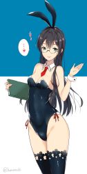 Rule 34 | ..., 1girl, alternate costume, animal ears, black hair, black leotard, black thighhighs, blue background, book, breasts, commentary request, cowboy shot, detached collar, fake animal ears, glasses, green eyes, heart, highres, kantai collection, leotard, long hair, necktie, ooyodo (kancolle), playboy bunny, rabbit ears, red necktie, semi-rimless eyewear, small breasts, solo, spoken ellipsis, spoken heart, standing, strapless, strapless leotard, takaharu, thighhighs, twitter username, two-tone background, white background, wrist cuffs