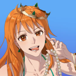 1girl absurdres bangle bare_shoulders bikini blue_background bracelet brown_hair collarbone commentary crown earrings gem gold_bracelet gold_ring green_bikini green_gemstone halterneck hand_up highres jewelry long_hair looking_at_viewer nami_(one_piece) necklace one_piece open_mouth orange_hair pearl_necklace ring solo swimsuit tongue tongue_out tordes_2 upper_body wavy_hair