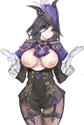 Rule 34 | 1girl, absurdres, ascot, black hair, black skirt, breasts, breasts out, clorinde (genshin impact), commentary, corset, cowboy shot, genshin impact, gloves, hat, highres, large breasts, long sleeves, looking at viewer, miniskirt, nipples, nui gurumi, pantyhose, purple ascot, purple eyes, short hair, simple background, skirt, smile, solo, standing, thigh strap, tricorne, white background, white gloves