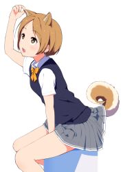 Rule 34 | 1girl, :o, animal ears, between legs, blue vest, blush, bow, bowtie, brown eyes, brown hair, collared shirt, commentary request, dog ears, dog tail, from side, grey skirt, hand between legs, hand up, hi iro, highres, lifted by tail, looking up, original, pleated skirt, school uniform, shirt, short sleeves, simple background, skirt, solo, tail, teeth, upper teeth only, vest, white background, white shirt, wing collar, yellow bow, yellow bowtie