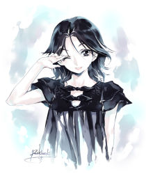 Rule 34 | 1girl, ;d, arm behind back, arm up, black dress, black hair, blush, brown eyes, collarbone, dress, hair between eyes, kousaki rui, looking at viewer, one eye closed, open mouth, original, parted lips, salute, short sleeves, signature, smile, solo, upper body, wink