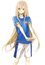 Rule 34 | 1boy, afuro terumi, androgynous, blonde hair, inazuma eleven, inazuma eleven (series), inazuma japan, interlocked fingers, izumi (nagashi), lightning bolt symbol, long hair, male focus, outstretched arms, red eyes, smile, soccer uniform, solo, sportswear, standing, stretching, very long hair, white background