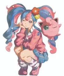Rule 34 | 1girl, ;o, blue skirt, collared shirt, creatures (company), fairy miku (project voltage), flower, full body, game freak, gen 1 pokemon, hair flower, hair ornament, hatsune miku, highres, jigglypuff, long hair, long sleeves, looking at viewer, loose socks, miniskirt, multicolored hair, neckerchief, nintendo, one eye closed, open mouth, pink eyes, pink footwear, pink lips, pink sweater, plaid, plaid skirt, pokemon, pokemon (creature), project voltage, puffy long sleeves, puffy sleeves, pursed lips, r r i n, red flower, school uniform, shirt, shoes, skirt, socks, solo, squatting, sweater, tiptoes, twintails, two-tone hair, vocaloid, white neckerchief, white shirt, white socks, yellow flower