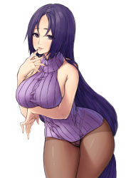 Rule 34 | 1girl, absurdres, bare shoulders, breasts, curvy, fate/grand order, fate (series), forehead, highres, hip focus, large breasts, long hair, looking at viewer, minamoto no raikou (fate), naidong (artist), nail polish, pantyhose, parted lips, purple eyes, purple hair, ribbed sweater, sideboob, simple background, smile, solo, sweater, very long hair, white background, wide hips