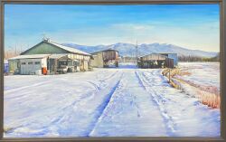 Rule 34 | blue sky, building, cabin, day, dead plants, field, garage, highres, house, latex cult, motor vehicle, mountain, mountainous horizon, nagano prefecture, oil painting (medium), original, painting (medium), photo (medium), picture frame, scenery, sky, snow, sunlight, traditional media, truck