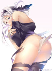 Rule 34 | 1girl, ass, bad id, bad pixiv id, bandaged hand, bandages, bare shoulders, bloom, blush, breasts, character request, commentary request, covering privates, covering breasts, cowboy shot, embarrassed, furrowed brow, hair between eyes, hairband, juurouta, kantai collection, large breasts, leaning, legs together, long hair, looking at viewer, looking back, mismatched eyebrows, open mouth, parted bangs, purple eyes, sideboob, simple background, solo, thick eyebrows, torn clothes, twitter username, wavy mouth, white background, white hair