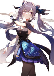 Rule 34 | 1girl, bare shoulders, black dress, black pantyhose, blue dress, bow choker, commentary request, cone hair bun, detached sleeves, diamond-shaped pupils, diamond (shape), dress, genshin impact, hair bun, hair intakes, hair ornament, highres, keqing (genshin impact), keqing (opulent splendor) (genshin impact), long hair, lumo 1121, official alternate costume, pantyhose, purple eyes, purple hair, simple background, solo, standing, strapless, strapless dress, symbol-shaped pupils, twintails, two-tone dress, white background, wrist cuffs