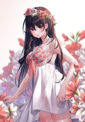 Rule 34 | 1girl, absurdres, bad id, bad twitter id, bare shoulders, blurry, blurry background, blurry foreground, blush, braid, breasts, brown hair, clothes lift, commentary, cowboy shot, dress, dress lift, flower, flower wreath, head wreath, highres, kinty, large breasts, looking at viewer, mole, mole under eye, open mouth, original, pink flower, red eyes, see-through, side braid, single braid, solo, standing, white dress, white flower
