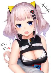 Rule 34 | +++, 1girl, :d, absurdres, arm hug, bare shoulders, black dress, blue eyes, blush, breasts, cleavage, cleavage cutout, clothing cutout, commentary request, dress, fang, hair ornament, hairclip, heart, highres, hoshimiya aki, kaguya luna, large breasts, long sleeves, looking at viewer, obi, open mouth, sash, sidelocks, silver hair, simple background, sleeveless, sleeveless dress, smile, solo focus, sweat, the moon studio, twintails, virtual youtuber, white background