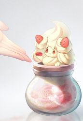 Rule 34 | 1other, :d, alcremie, alcremie (strawberry sweet), commentary request, copyright name, creatures (company), food, fruit, game freak, gen 8 pokemon, happy, highres, holding, jar, naoki eguchi, nintendo, open mouth, outstretched hand, pokemon, pokemon (creature), red eyes, smile, strawberry