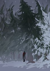Rule 34 | 1boy, absurdres, black eyes, black footwear, black hair, black legwear, choipico, forest, gloves, highres, jacket, looking up, male focus, nature, original, outdoors, pine tree, red gloves, red scarf, scarf, snow, snowing, solo, standing, tree, winter clothes