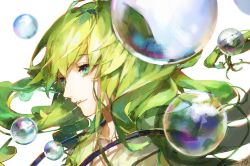 Rule 34 | 1boy, androgynous, blue eyes, bubble, collarbone, commentary request, enkidu (fate), fate/strange fake, fate (series), floating hair, gradient eyes, green eyes, green hair, hg (pixiv16108795), long hair, male focus, matching hair/eyes, multicolored eyes, out of frame, portrait, simple background, solo, upper body, white background