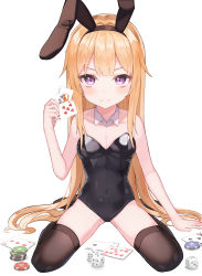 Rule 34 | 1girl, :3, absurdres, animal ears, black leotard, black thighhighs, blonde hair, blunt bangs, breasts, card, cleavage, coin, collarbone, commentary request, covered navel, detached collar, fake animal ears, hair between eyes, hairband, highres, holding, holding card, leotard, long hair, looking at viewer, original, playboy bunny, playing card, purple eyes, rabbit ears, sidelocks, simple background, sitting, sleeveless, solo, strapless, strapless leotard, thighhighs, v-shaped eyebrows, wariza, white background, yeolyeo