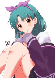 Rule 34 | 1girl, aqua hair, artist logo, black skirt, blush, bow, bow hairband, brown eyes, commentary request, cosplay, crossover, curly hair, gridman universe, hair bow, hairband, highres, idolmaster, idolmaster million live!, idolmaster million live! theater days, jacket, long sleeves, looking at viewer, medium hair, off shoulder, parted bangs, pleated skirt, ponpon, purple bow, purple hairband, purple jacket, shinjou akane, shinjou akane (cosplay), shirt, skirt, sleeves past wrists, smile, solo, ssss.gridman, tokugawa matsuri, tongue, tongue out, white shirt