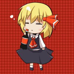 Rule 34 | 1girl, blonde hair, bottle, chibi, embodiment of scarlet devil, closed eyes, female focus, full body, lowres, mesia, rumia, solo, standing, touhou