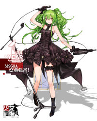 Rule 34 | 1girl, bare shoulders, black dress, black footwear, black gloves, boots, bridal garter, calico light weapons systems, calico m950, calico m950a, character name, cheek pistol, copyright name, double-stack magazine, dress, floating hair, full body, girls&#039; frontline, gloves, green hair, grin, gun, hair between eyes, handgun, helical magazine, high-capacity magazine, highres, holding, holding gun, holding microphone, holding weapon, horizontal magazine, long hair, looking at viewer, m950a (concert diva!) (girls&#039; frontline), m950a (girls&#039; frontline), machine pistol, microphone, microphone stand, official alternate costume, official art, parted lips, pistol, shadow, sidelocks, simple background, smile, solo, standing, stubby grip, teeth, twintails, vertical forward grip, weapon, white background, yellow eyes, zagala