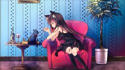 Rule 34 | 1girl, animal ears, artist request, black dress, board game, bottle, cat ears, cat tail, character request, chess, chess piece, copyright request, cup, dress, drinking glass, highres, resolution mismatch, source smaller, spaghetti strap, tail, wine bottle, wine glass