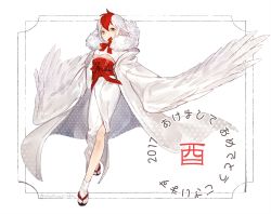 Rule 34 | 1girl, 2017, chinese zodiac, geta, japanese clothes, multicolored hair, new year, obi, original, red eyes, red hair, sash, solo, sugimoto (niboshiumai), tabi, white background, white hair, white legwear, white wings, wings, year of the rooster