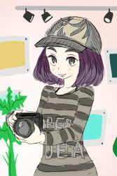Rule 34 | 1girl, artist request, baseball cap, bob cut, camera, doodle, girls mode 2, gradient hair, grey eyes, grey shirt, hat, holding, holding camera, multicolored hair, photographer, pink lips, print shirt, purple hair, shirt, simple background, smile, solo, striped clothes, striped shirt, style savvy (video game series), teagen (style savvy), two-tone hair