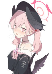 Rule 34 | beret, black hat, black wings, blue archive, feathered wings, grey wings, halo, hat, head wings, highres, koharu (blue archive), neckerchief, pink eyes, pink hair, pink neckerchief, sailor collar, sleeves past wrists, supershiruco, twintails, white sailor collar, winged hat, wings