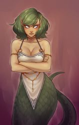 Rule 34 | 1girl, armlet, bags under eyes, belly chain, breasts, choker, cleavage, commentary, crossed arms, dark skin, dark-skinned female, english commentary, glaring, green hair, jewelry, lamia, lips, looking at viewer, medium breasts, monorus, monster girl, no pupils, o-ring, o-ring top, original, pointy ears, scales, shindan maker, short hair, solo, spaghetti strap