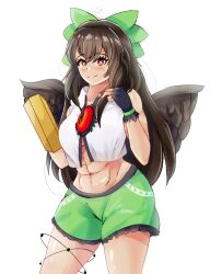 Rule 34 | 1girl, abs, adapted costume, arm cannon, bird wings, black gloves, black wings, blush, bow, bright pupils, closed mouth, commentary, english commentary, fingerless gloves, ginari, gloves, green bow, green shorts, hair bow, highres, looking at viewer, muscular, muscular female, navel, red eyes, reiuji utsuho, shorts, simple background, smile, solo, touhou, weapon, white background, white pupils, wings