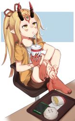 Rule 34 | 1girl, absurdres, alternate costume, alternate hairstyle, barefoot, blonde hair, burger, casual, chair, cup, drinking, drinking straw, artistic error, facial mark, fate/grand order, fate (series), fingernails, food, forehead mark, french fries, full body, hair ribbon, highres, holding, holding cup, horns, ibaraki douji (fate), long fingernails, long hair, looking up, oni horns, paingumi, pointy ears, ponytail, ribbon, sharp fingernails, sharp toenails, shirt, short shorts, shorts, sitting, solo, toenails, white shirt, wrong foot, yellow eyes