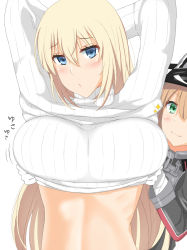 Rule 34 | 10s, 2girls, anchor hair ornament, arm behind head, arms up, bad id, bad nicoseiga id, bismarck (kancolle), blonde hair, blue eyes, breasts, clothes lift, gachou, gloves, green eyes, hair between eyes, hair ornament, hat, kantai collection, large breasts, long hair, looking at viewer, military, military uniform, multiple girls, out-of-frame censoring, peaked cap, pouty lips, prinz eugen (kancolle), ribbed sweater, short twintails, simple background, smile, sweater, sweater lift, twintails, undressing, uniform, white background, white gloves