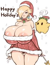 Rule 34 | 1girl, absurdres, blonde hair, blush, breasts, christmas, cleft of venus, clothes, ear piercing, earrings, female pubic hair, greyimpaction, hair over one eye, hat, highres, huge breasts, jewelry, large breasts, long hair, looking at viewer, luma (mario), mario (series), nintendo, no panties, piercing, pubic hair, rosalina, solo, star (symbol), star earrings, super mario galaxy, thick lips