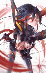 Rule 34 | 1girl, bent over, black hair, boots, breasts, cowboy shot, grey eyes, highres, holding, holding weapon, kill la kill, long sleeves, looking at viewer, matoi ryuuko, medium breasts, microskirt, multicolored hair, navel, pleated skirt, red hair, revealing clothes, scissor blade (kill la kill), senketsu, short hair, skirt, solo, standing, stomach, streaked hair, suspenders, thigh boots, two-tone hair, underboob, v-shaped eyebrows, waligner, weapon