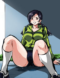 Rule 34 | 1girl, arm support, ass, bare legs, bible black, blue buruma, blue hair, breasts, brown eyes, buruma, cameltoe, clenched teeth, cowboy shot, curvy, dark blue-haired jogger girl (bible black), dark blue hair, fingernails, full body, grass, gym uniform, hair between eyes, hair ornament, hairclip, highres, huge ass, jacket, large breasts, long hair, looking to the side, low twintails, mamesi (suhk8583), peeing, peeing self, scared, shin bible black, shiny skin, sitting, solo, sweat, tears, teeth, thighs, twintails, wide hips