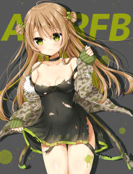 Rule 34 | 1girl, bare shoulders, black dress, blush, breasts, brown hair, camouflage, camouflage jacket, choker, cleavage, collarbone, covered navel, cowboy shot, dress, girls&#039; frontline, green eyes, highres, jacket, legs together, long hair, long sleeves, looking at viewer, medium breasts, no bra, off shoulder, paint stains, rfb (girls&#039; frontline), shadow, short dress, side bun, sleeves past wrists, smile, solo, standing, thigh gap, torn clothes, torn dress, uchuuneko