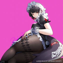 absurdres argyle_clothes argyle_legwear argyle_pantyhose artist_name black_hair black_pantyhose blackcat_enjia breasts commentary copyright_notice covered_erect_nipples ellen_joe fine_fabric_emphasis fins fish_tail glaring highres large_breasts looking_back maid maid_headdress metal_hairband mole mole_on_arm mole_under_eye mouth_hold nail_polish pantyhose pink_background puffy_short_sleeves puffy_sleeves red_nails shark_tail short_hair short_sleeves signature simple_background tail zenless_zone_zero