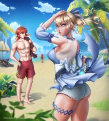 Rule 34 | 1boy, 2girls, absurdres, alternate costume, aramey, ass, bare shoulders, barefoot, beach, blonde hair, blue eyes, bow, breasts, diluc (genshin impact), from behind, genshin impact, hair bow, hat, highres, jean (genshin impact), klee (genshin impact), long hair, looking at viewer, looking back, medium breasts, multiple girls, red eyes, red hair, shiny clothes, shiny skin, short hair, short shorts, shorts, sideboob, tree