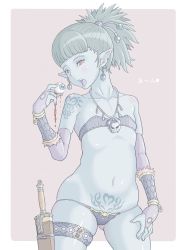 Rule 34 | a kun, aqua hair, blood, blue skin, colored skin, earrings, elbow gloves, eyeball, fang, flat chest, gloves, guro, hair ornament, heart, jewelry, navel, necklace, open mouth, pointy ears, ponytail, red eyes, solo, sword, tattoo, tongue, weapon